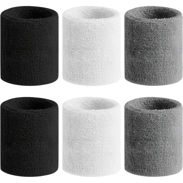 Sportarmband för män och kvinnor - fuktavledande atletisk bomullsfrotté svettband för fitness (6-pack svart, vit, grå)