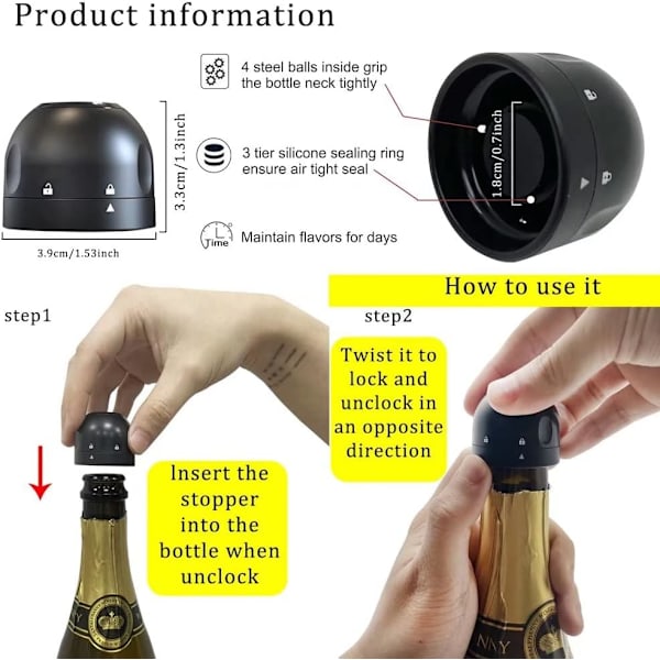 Champagneprop, 3 stk., sort, lækagesikker champagneprop, professionel champagneflaskeprop, holder champagne frisk