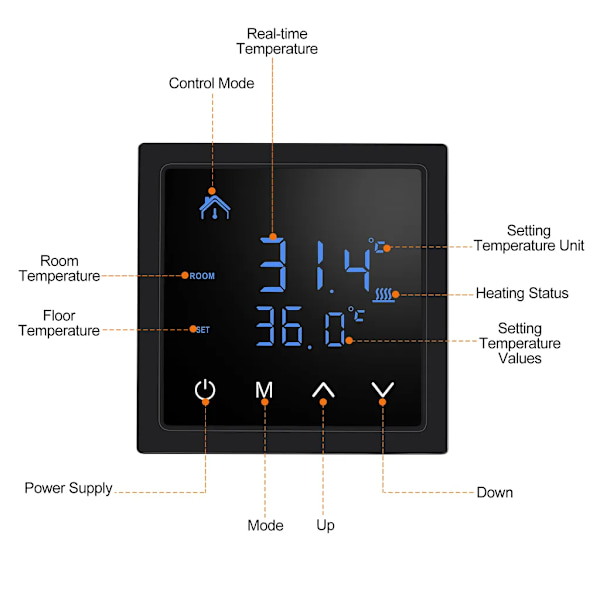 Smart rumtermostat gulvvarme 16A elektrisk varmevarme termostat, touchskærm med børnesikringsfunktion, indendørs termometer termostat