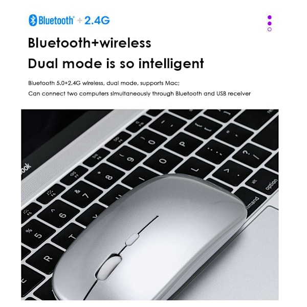 Trådløs dobbelmodus Bluetooth-mus for Apple-enheter: Stillegående, oppladbar, perfekt for bruk på bærbare datamaskiner på kontoret