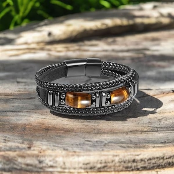 Läderarmband för män Naturlig tigeröga ädelsten kristallsten smycken handgjorda mod och stressavlastning skyddsarmband（7,5 tum）