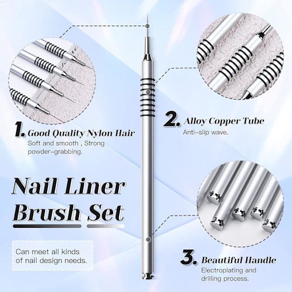Set med 6 nagelkonstpenslar, nagelkonstdesignpenslar, tunna långa linjer, prickar, ritpenna, UV-gelnagellack, målningshandtag, striperpensel