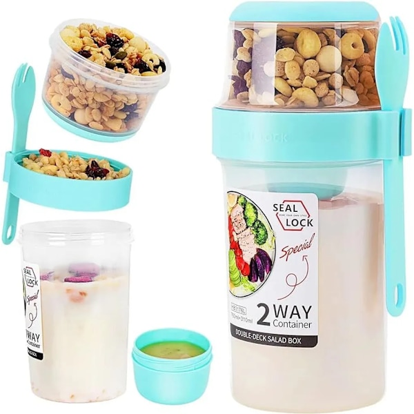 Müsli-mugg att ta med, yoghurtmugg med sked för på språng, 310ML+760ML läckagesäker yoghurtmugg, lunchlåda (blå)