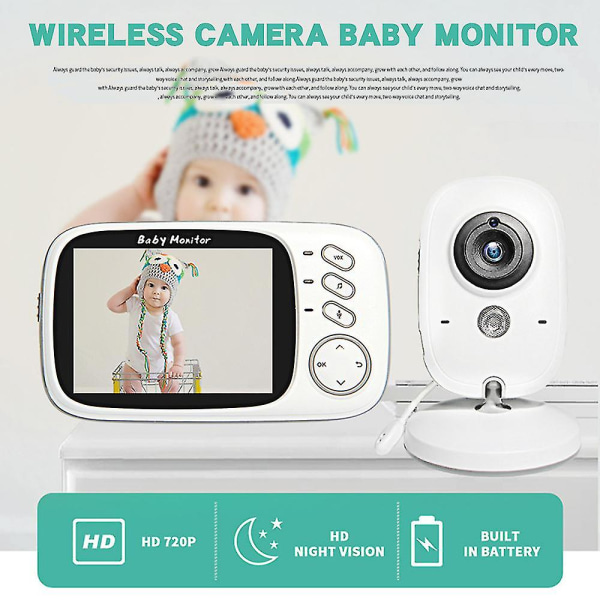 Babyalarm med kamera og nattesyn, babyalarm Video trådløs 3,2'' LCD-skærm med Vox-tilstand, tovejs tale