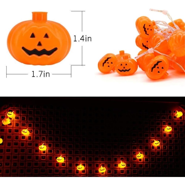 Halloween-lyskjede, LED-gresskarlys, julelys til utendørsdekor, 2 moduser, fast/flimrende lys (20 gresskarlys, 9,8 fot)