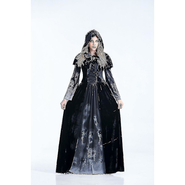 Halloween Karneval Kranie Print Lang Kjole Dronning Kostume Kostume-c Z（XL）