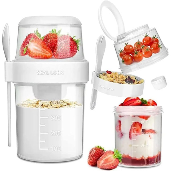 Müsli-mugg att ta med, yoghurtmugg med sked för på språng, 310ML+560ML läckagesäker yoghurtmugg, lunchlåda (vit)
