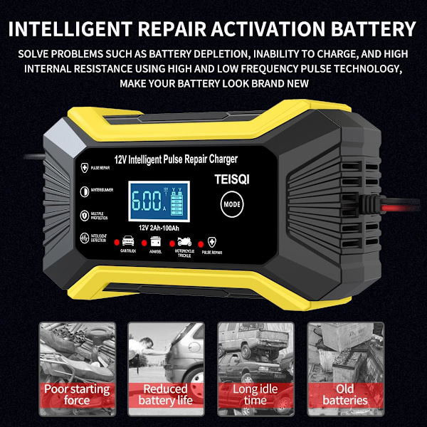 Bilbatterilader, 12V 6A Smart Batteri Trickle Lader Bil 12V Batteri Vedligeholdelses Desulfator (gul)