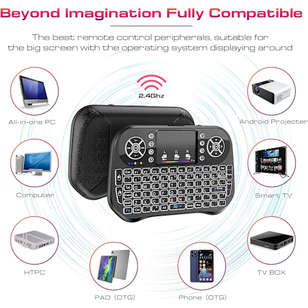 Mini trådløst tastatur med touchpad-musekombination, 7 farver RGB-baggrundsbelysning, til Android TV Box, Smart TV, Pad, PC, HTPC, Tablet og Windows OS
