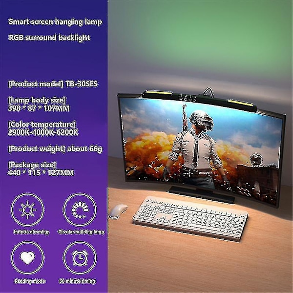 Buet skærm Monitor Hængende Lampe Lysstang Rgb Farverig Baggrund Atmosfære Lys Trinløs dæmpning Pc Monitor Lysstang（30SFS Med RGB）
