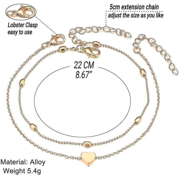 Hjärtformad fotlänk för kvinnor, justerbar, flerskiktad fotlänk för tonårsflickor, guldpläterad fotkedja i legering