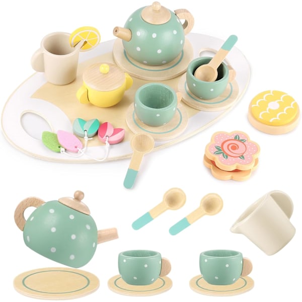 Wooden Tea Set for Little Girls,Wooden Toys Toddler Tea Set Play Kitchen Accessories for Kids Pretend Play Food Playset for Kids Tea Party 15Pcs