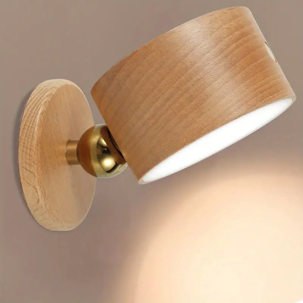 Trävägglampa, LED-läslampa, sänglampa sovrum dimbar vägglampa, vardagsrum 360° roterbar touch-kontrolllampa