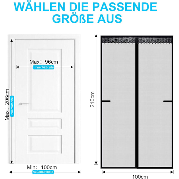 Magnetisk flugskärmdörr, gardin insektsskydd balkongdörr, reptålig, starkare magnetfluggardin för balkongdörr (100 x 210 cm)