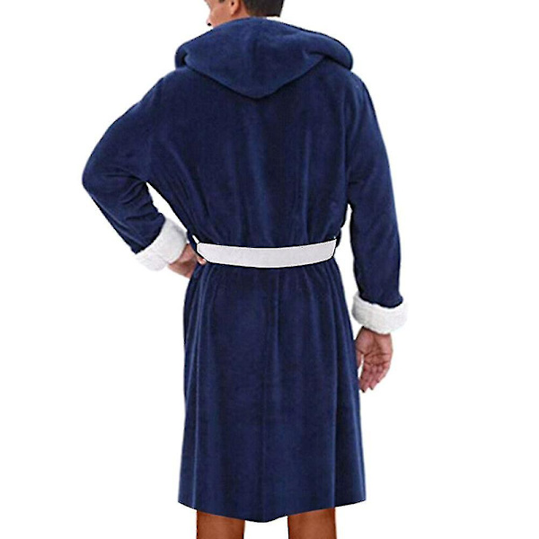 Mænd vinter fleece hættebadekåbe natkåbe（XL，marineblå）