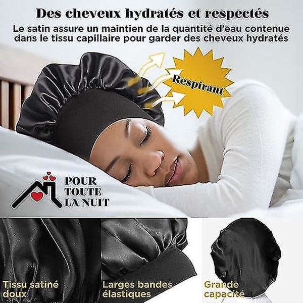 Dww-noir Bonnet De Nuit Satin, Soie Cheveux - Doux Elastique Anpassningsbara Toutes Les Femmes