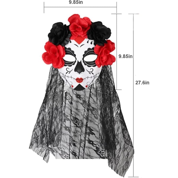 Dag de los Muertos Sukkerskalle Maske med Slør og Rosenblomstkrone Halloween Blondemaske til Maskerade Cosplay Fest Kostume Tilbehør