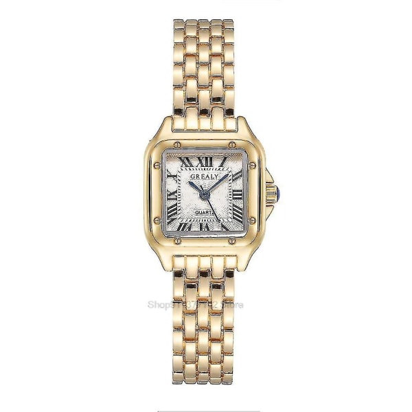 2023 luksus damemode firkantede ure Guldlegeringsrem Dame Quartz Armbåndsure Kvaliteter Kvinde ur i romersk skala（Guld）