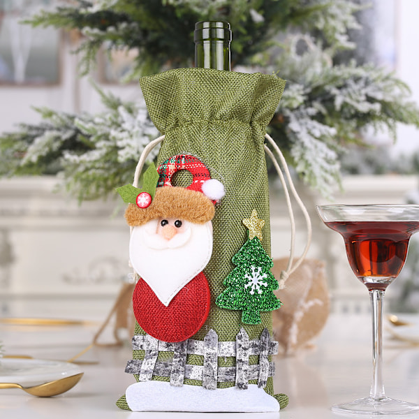 Julegavepose i burlap med snømann-tegning og rutete dukke, perfekt for julepynt og gaver
