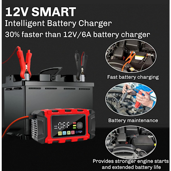 Lithium Batterilader 12v lifepo4, 6A Lithium Blybatteri Trickle-lader, Alt-i-én Bilbatteriladere 12V, Farveskærm LED Batterilader