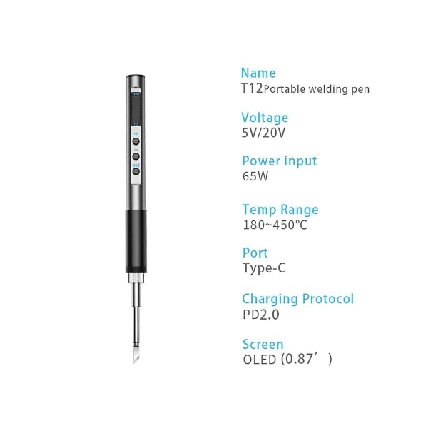 Pts100 T12 5-20v Pd65w Bärbar elektrisk lödkolv Metallkroppstemperatur justerbar lödmetall We（Gråsvart）