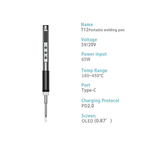 Pts100 T12 5-20v Pd65w Kannettava sähköinen juotosrauta metallirungon lämpötila säädettävä juotos We (GrayBlack)