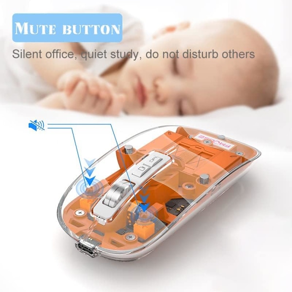 Uppladdningsbar transparent trådlös mus BT5.1/2.4G Bluetooth-mus tyst mus 4 justerbar DPI, mindre brus mobil optisk möss för bärbar dator, PC