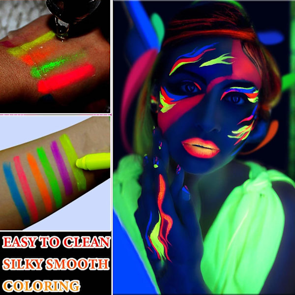 Självlysande ansiktsmålnings pennor, tvättbara, lätta att applicera, långvariga neon ansikts- och kroppsmålning pennor, sminkmarkörer för Halloween, Cosplay