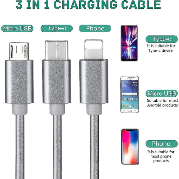 3 in 1 monikäyttöinen USB-laturikaapeli, kaikille matkapuhelimille ja tableteille 4ft (tyyli 2)