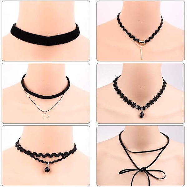 12 stk. choker-halskjede for kvinner, svart choker-halskjede sett med svart blonder tatovering fløyel chokers for kvinner og tenåringsjenter