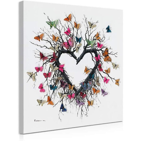 Butterfly Canvas Print Veggkunst, hjerteformede grener omgitt av fargerike sommerfugler