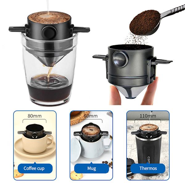 Sammenklappelig bærbar håndbrygget kaffefilter, kaffedrypkegle, til drypkaffe og te med rustfrit stålholder, ingen filterpapir