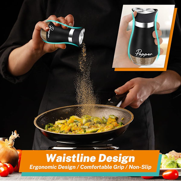 Salt- och Pepparkvarnar Set, 4 oz Glasbotten Salt- och Pepparkvarn med Rostfritt Stål Lock för Kök Gadgets Matlagning Bord, Husbil, Camping