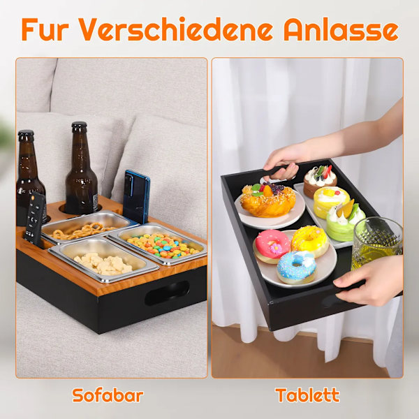Serveringsbrickor, snacksbox, soffbord, snagger, snackbricka, sängbricka, soffarrangör med 3 skålar, mugghållare, trä, 39 x 26 x 8 cm