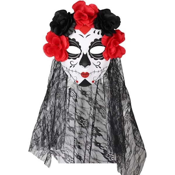 Dag de los Muertos Sukkerskalle Maske med Slør og Rosenblomstkrone Halloween Blondemaske til Maskerade Cosplay Fest Kostume Tilbehør