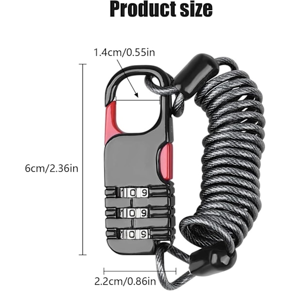 3-pack hjälmlås, bärbar stöldskydd 3-siffrig säkerhetskodkombination kabellås, för bagage, motorcyklar, skotrar, garage