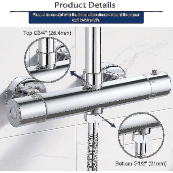 Blandare Termostatisk Dusch 2 Utgångar Mässing Dusch Termostatisk Kran Dubbel Duschblandare Högt Utlopp G3/4 Bsp (26,4 Mm) + Lågt G1/2 "bsp (21 Mm)
