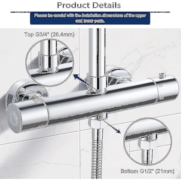Termostatisk brusebadsblander med 2 udgange, termostatisk brusearmatur i messing, dobbelt bruseblander, højt udløb G3/4 Bsp (26,4 mm) + lavt G1/2 "bsp (21 mm)