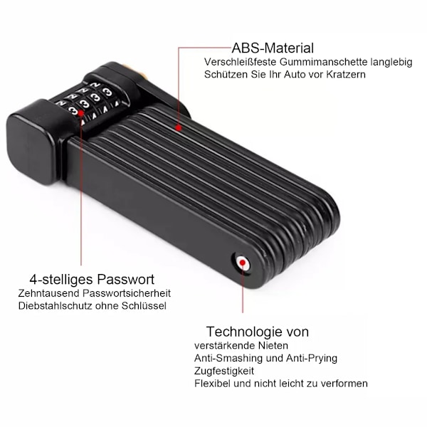 Foldelås til cykel med holder, 4-cifret cykelkombinationslås i hærdet stål - 8 led, 85 cm lang, foldelås til cykel