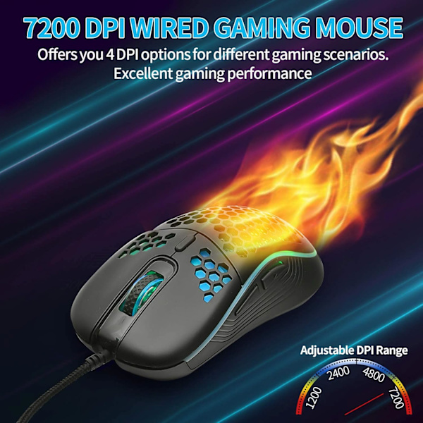Trådbunden spelmus, RGB-bakgrundsbelysning och 7200 justerbar DPI, ergonomisk och lätt USB-datormus för Windows PC & Laptop-spelare