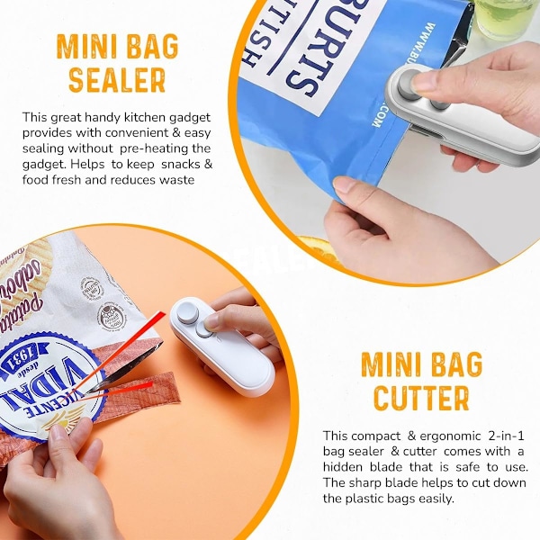 MINI POSEBAGFORSEGLER, Bevar Friskhet og Reduser Matavfall, 2-i-1 Forseglings- og Kutter, Oppladbar, Rask og Enkel