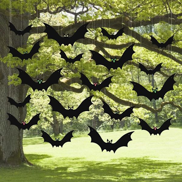 (18 kpl) Ripustettavat lepakot Halloween-koristeet ulkona, suuret lentävät muoviset lepakot ulkokoristeet, ripustettavaksi puuhun, kuistille, pihalle, nurmikolle, sisätiloihin