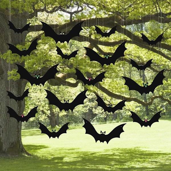 (18 stk) Hengende flaggermus Halloween-dekorasjon utendørs, store flygende plastflaggermus utendørsdekor, for oppheng i treet, verandaen, hagen, plenen, innendørs