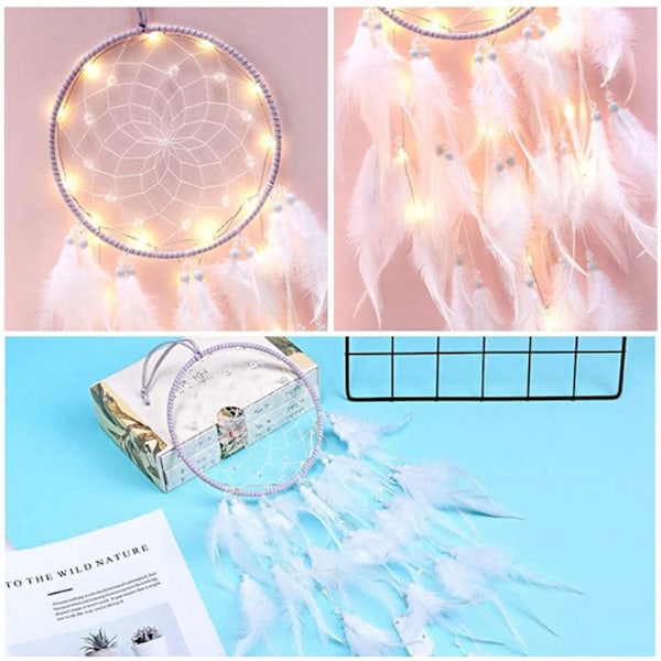 Bohemian Dekoration, Led Dream Catcher Mädchen Handgemachte Dreamcatcher Spitze Dream Catcher Federn Weiß