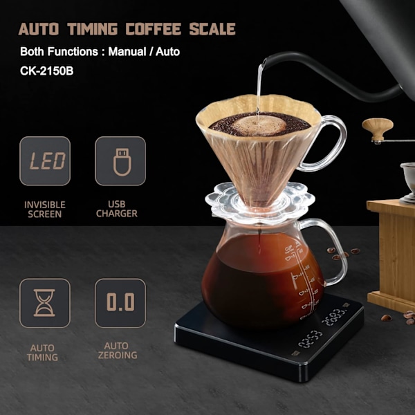 Automatisk timer kaffevåg, USB-laddningsbar digital kaffevåg, våg 0,1 g, maximalt 3000 g