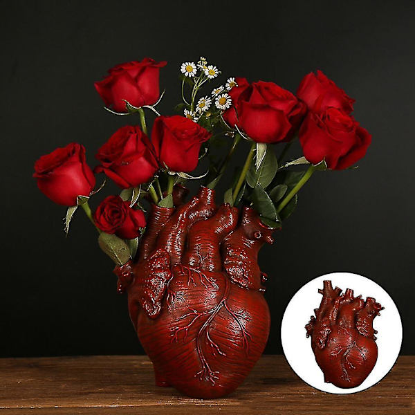 2xanatomisk hjärtvas Resin Staty Blomkruka Ornament Röd 13x9x17cm