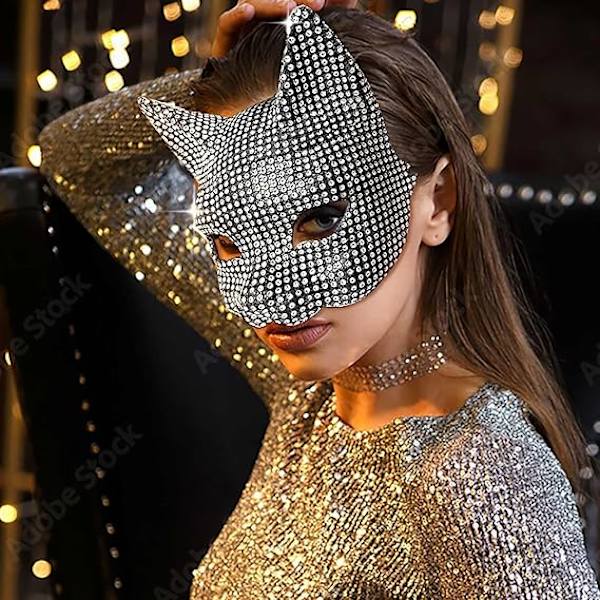 Halloween Rhinestone Catwoman Maske og Hansker Set, Prank Lang Cosplay Kostymefest Tilbehør