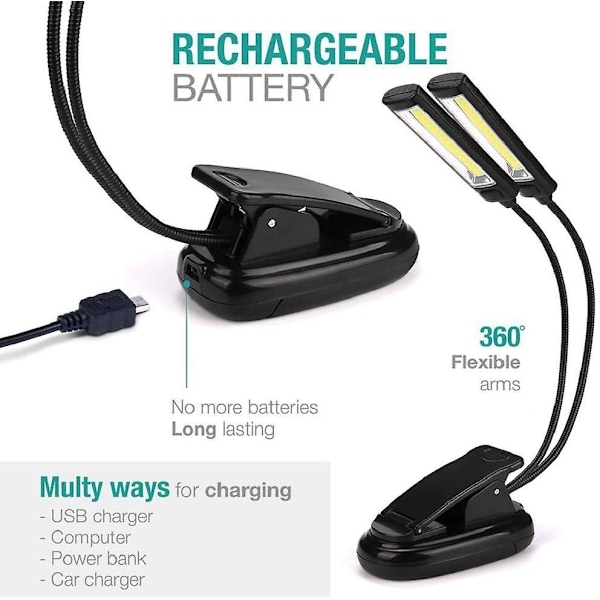 Usb 2x Cob Led Skrivebordsbog Lys Læselampe Clip Book Stand Light Skrivebord Laptop Seng Læsestudie Musiklampe Genopladelig (a)