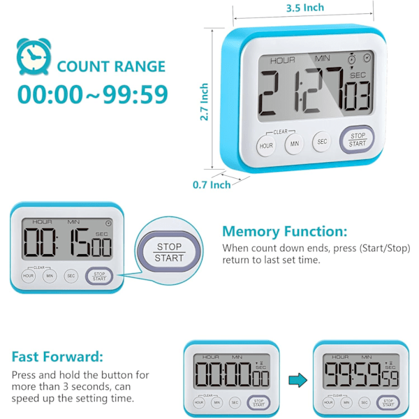 Digital køkkentimer, magnetisk alarm, stort LCD-skærm timer til køkken, bagning, sport, spil, kontor, studie