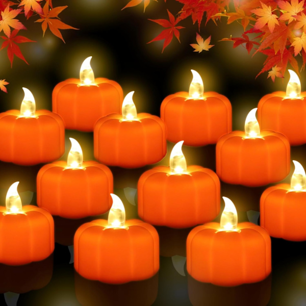 Halloween Pumpa LED-Tealights Dekorationer Höstdekor, 12-pack LED Orange Pumpa Ljus Flamlösa Batteridrivna Ljus, Flimrande Tealight Ljus